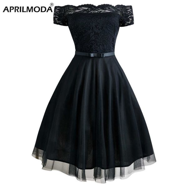 

casual dresses women vintage lace dress red black green slash neck tulle midi chic retro gothic 50s jurken swing party clothing z0216, Black;gray