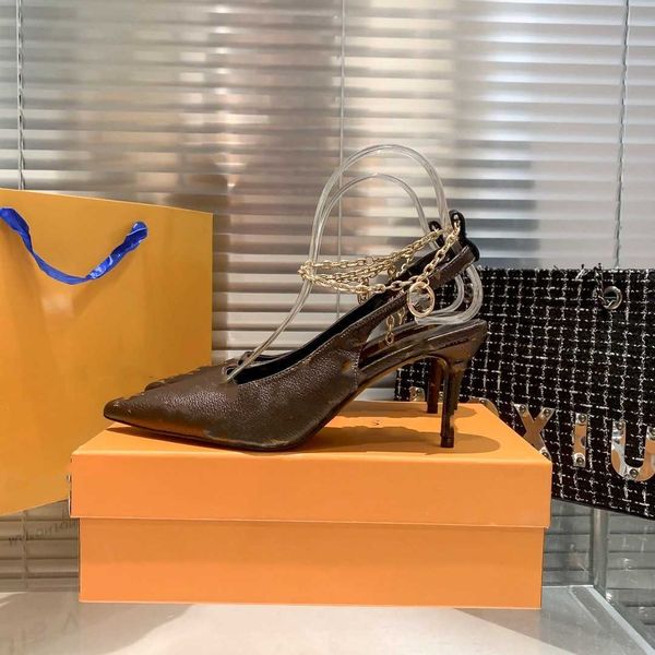 

designer sandals metal chain high heel 8cm shoes brand leather pointed toe 8cm thin heels brown baotou sandal old flowers monograms shoes, Black