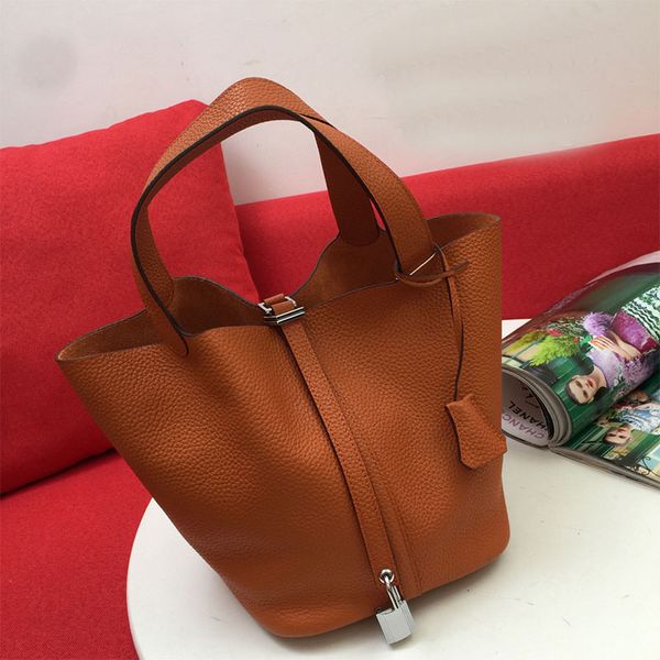 

classic vegetable basket tote shopping bags cowhide leather key lock bottom nail inside fashion letters plain women handbags purse large cap