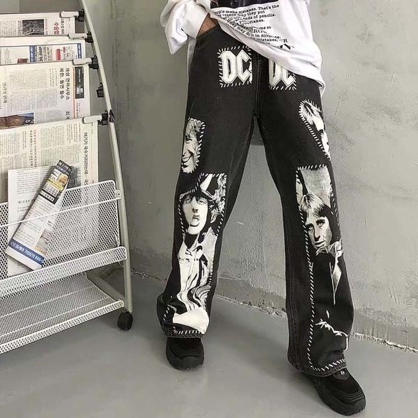

men's jeans men hip hop rock band printed harajuku patchwork street casual straight denim patch trousers couple cotton wide leg pants 2, Blue