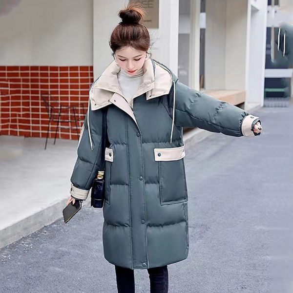 

women's down cotton-padded jacket in autumn and winter 2023 new korean mid length color blocking cotton padded jacket thickened jacket, Black