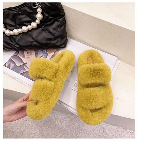 

flat home 42 plush slippers autumn and winter new double band fluffy mop outside wear fashion casual female one word cotton slippers, Black