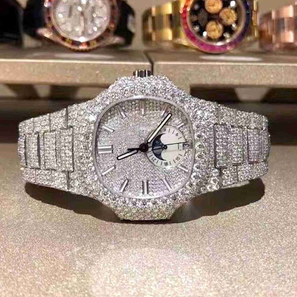 

fashion iced out watchesmens wrist luxury round cut lab grown watch wholesale hip hop rapper watcfor men wd7r, Slivery;golden