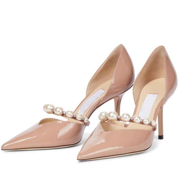 

23s fashion elegant bridal wedding dress shoes aurelie pumps lady sandals pearls strap luxury brands pointed toe high heels woman walking sh, Black
