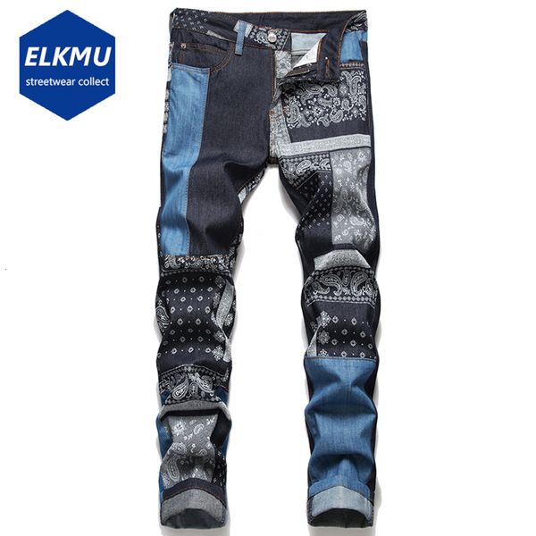 

men's jeans bandana paisley men streetwear harajuku hip hop denim pants patchwork fashion blue slim trousers for male 230216