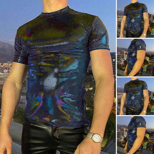 

mens fashion short sleeve shiny wet look t shirts hippy party disco costume, White;black