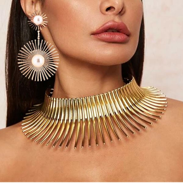 

wedding jewelry sets liffly exaggerated african necklace gold color metal big choker earrings steampunk party design 230216, Slivery;golden