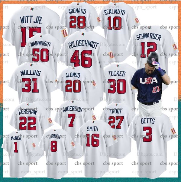 

2023 men world baseball classic team usa jersey wbc mike trout bobby witt jr. nolan arenado clayton kershaw realmuto betts tucker schwarber, Blue;black