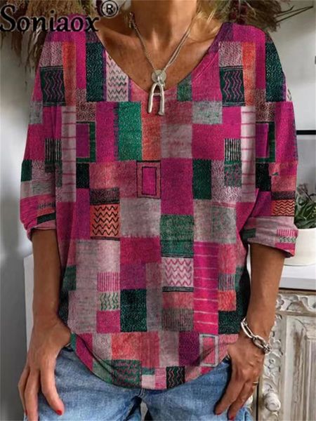 

women's tshirt retro v neck tshirt autumn geometric print shirt long sleeve vintage female tee loose clothes streetwear 230217, White