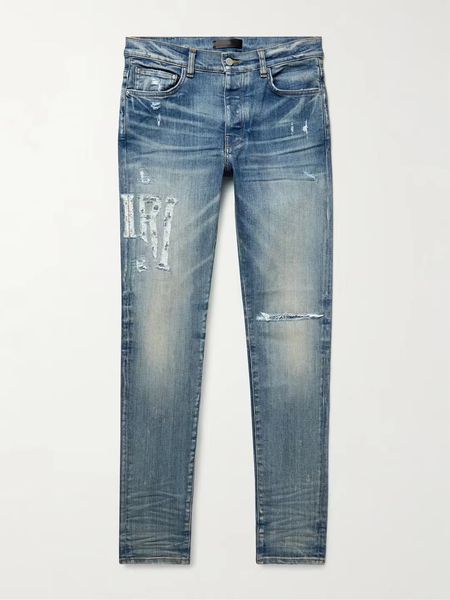 

men's jeans 2023 spring design distressed streetwear fashion slim letters pattern patchwork damaged ripped blue 230217