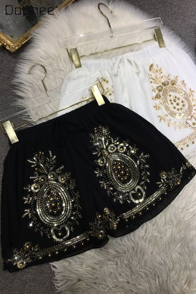 

women's shorts 2023 spring and summer heavy industry beads sequined women elastic waist versatile embroidered chiffon female 230217, White;black