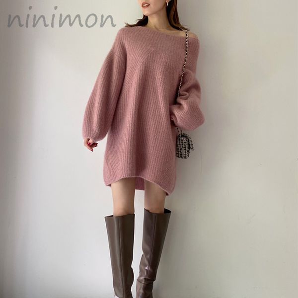

women s sweaters ninimon woman long knitwear korean style chic oversize loose knitted jumper solid fashion knit pullover ofiice longer 2302, White;black