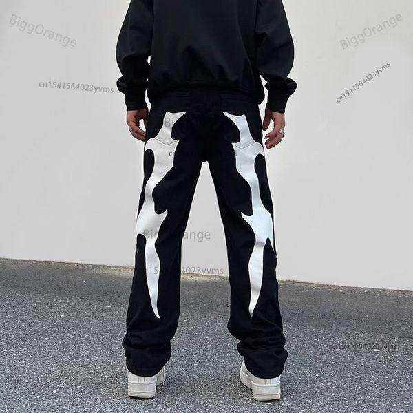 

men s jeans graphic print s high street vintage hip hop baggy clothing loose casual straight pants for 230217, Blue