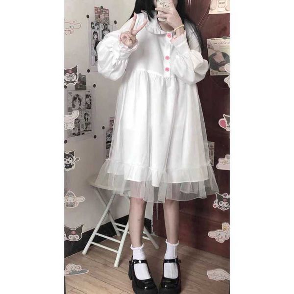 

casual dresses houzhou white kawaii lolita dress women long sleeve chiffon patchwork midi dresses japanese sweat girls robe preppy style out, Black;gray