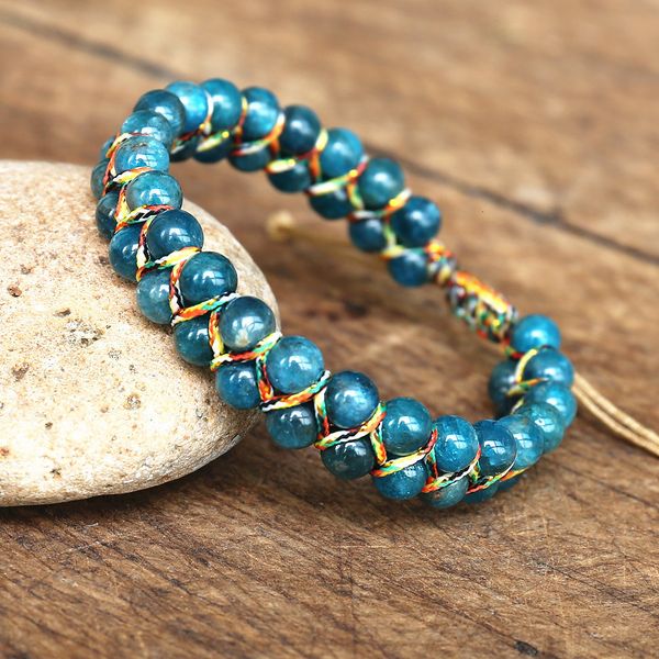 

charm bracelets 6mm apatite stone beads braided double layer bangle women men handmade jewelry friendship strand 230216, Golden;silver