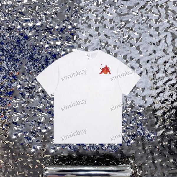 

xinxinbuy men designer tee t shirt 23ss paris move castle flame embroidery short sleeve cotton women white black grey s-2xl, Black;brown