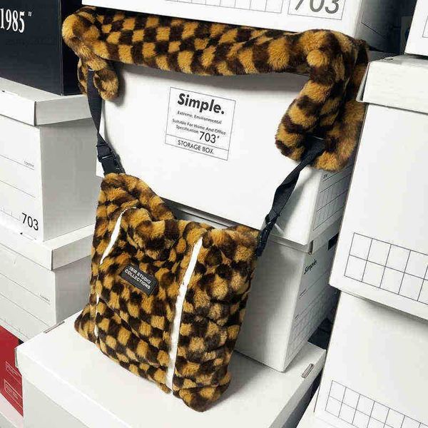 

original american coffee stitching checkerboard design purses and handbags shoulder strap waxy soft plush shoulder faux fur bag