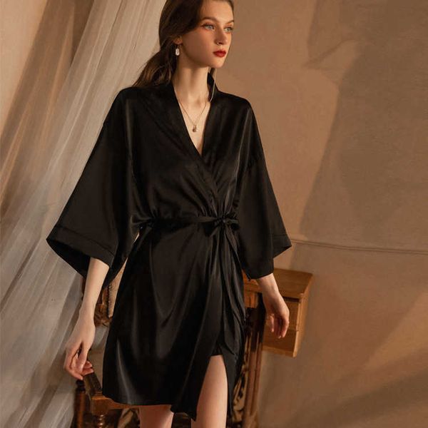 

pajamas body warmer thin summer morning gown lace half sleeve pajamas large size loose ice silk household clothes satin 28, Black;red