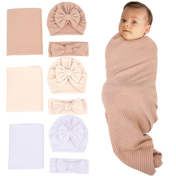 

newborn baby swaddling blankets with hat bow headbands waffles blanket 3 pcs
