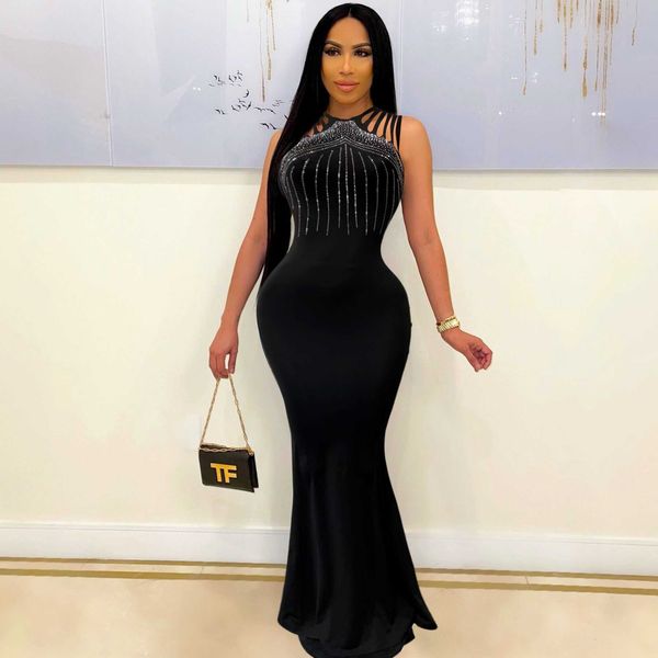 

casual dresses 2021 fashion design dress solid diamond oneck sleeveless celebrity party maxi dress vestidos z0216, Black;gray