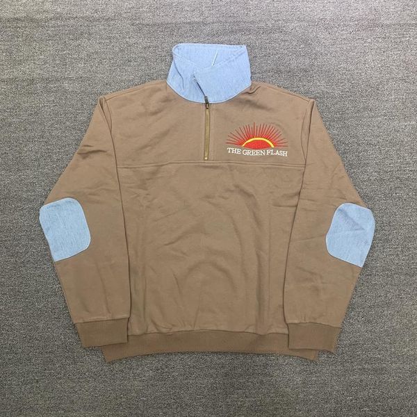 

23ss green flash denim half zip hoodie men women cotton pullover fashion summer, Black;brown