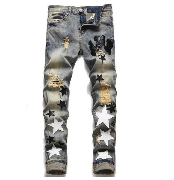 

men's jeans european denim men's letter star men's embroidery stitching tear trend brand motorcycle pants men thin ripped jea, Blue
