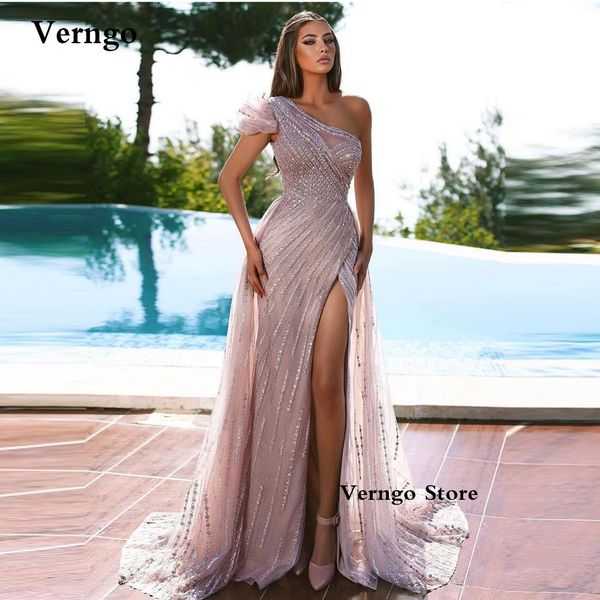 

party dresses verngo dusty pink sequin lace evening dresses with attachable overskirt one shoulder side slit dubai women formal prom gowns 2, White;black
