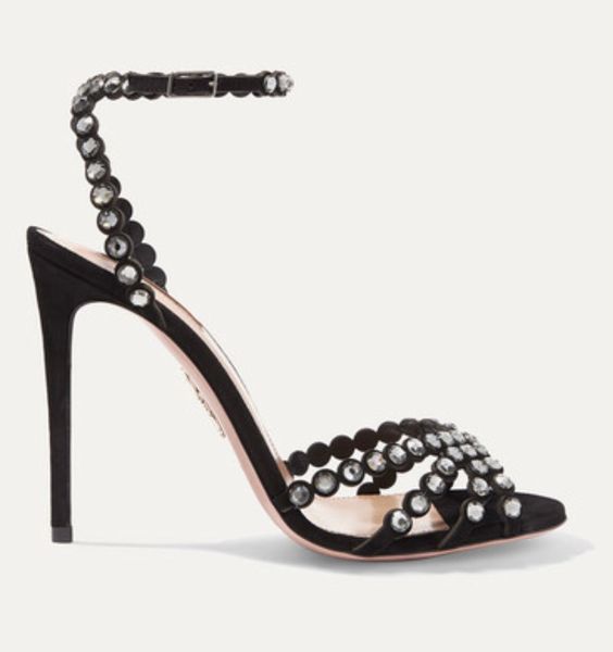 

2023 everyday wear tequila leather sandals shoes for women's white strappy design crystal embellishments high heels party wedding shoe, Black