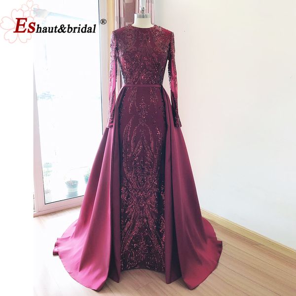 

party dresses elegant wedding evening night dress for women muslim long sleeves mermaid with detachable train sequined prom party gowns 2302, White;black