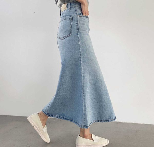 

loribindwood chic spring summer stretched women denim mid-length 2023 casual high waist loose female mermaid jeans skirt, Black