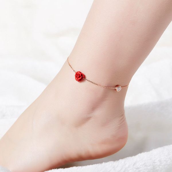 

anklets rose gold s925 sterling silver anklet women models south korea simple personality summer foot crystal jewelry 230216, Red;blue