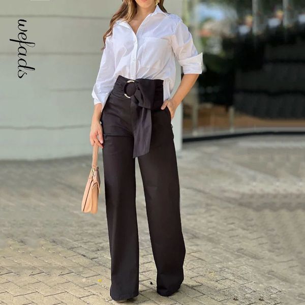 

womens two piece pants wefads women set autumn casual lapel long sleeve solid with pockets shirt loose bow sets high streetwear 230216, White