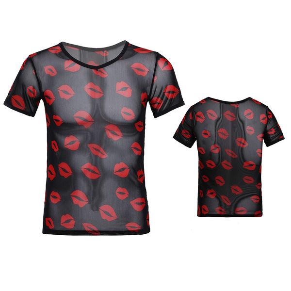 

men's lip print see-through mesh short sleeve t shirts tee nightclub costume, White;black