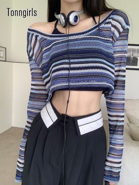 

women's tshirt tonngirls grunge aesthetic t shirt women striped crop long sleeve knitted america retro smock fairycore tee autumn 2302, White
