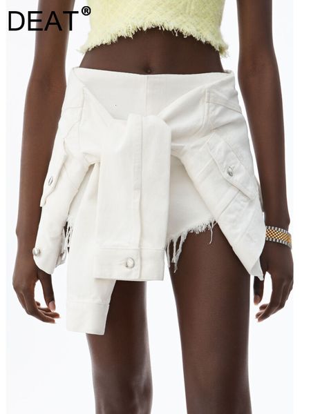 

women's shorts deat fashion denim fake 2 pcs slim patchwork asymmetry tassel solid color cotton spring 2023 17a2230h 230217, White;black