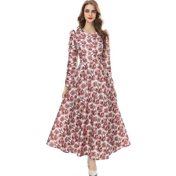 

women's runway dresses o neck long puff sleeves floral printed elegant fashion prom vestidos, Black