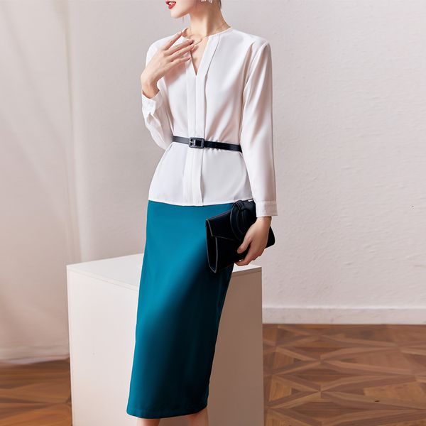 

two piece dress halfbody skirt set female spring and summer fashion elegant white vneck casual shirt package hip step twopiece 230216