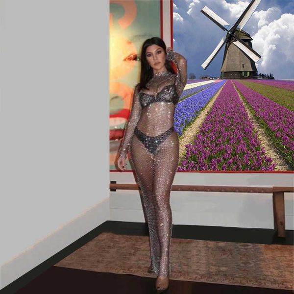 

casual dresses shiny rhinestones grid long dress women see through long sleeves fishnet side slit long dresses chic summer beach cover up z0, Black;gray