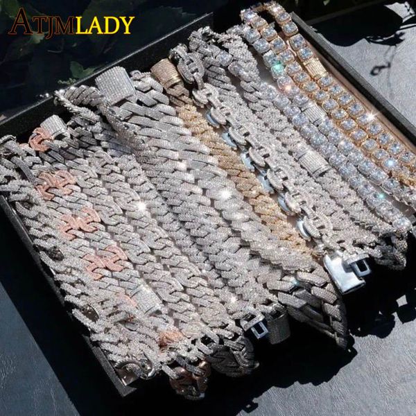 

charm bracelets wholesale iced out sparking fashion cz prong miami cuban bracelet micro paved 5a cubic zircon bling men hip hop jewelry 2302, Golden;silver