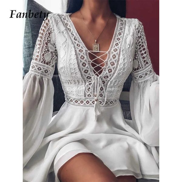 

casual dresses 2021 spring women crochet lace vneck party dress elegant flare sleeve chiffon mini dresses ladies fashion hollow out dress z0, Black;gray
