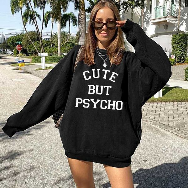 

women's hoodies sweatshirts cute but psycho letter print funny women sweatshirts long sleeve harajuku sweatshirt pillovers drop shoulde, Black