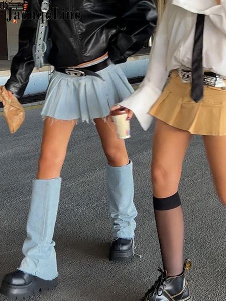 

skirts jacuqeline retro y2k blue denim pleated women micro mini skirt with trouser legs schoolgirl 2023 fall streetwear 230217, Black