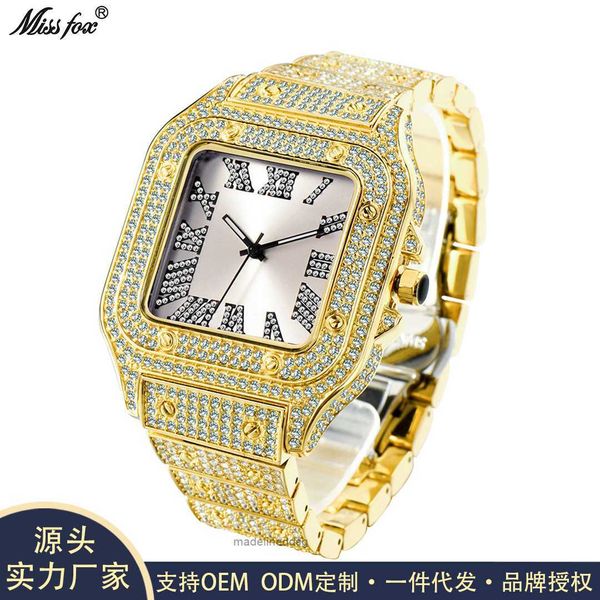 

women's watches missfox watch roman scale high-end fashion hip hop diamond square men's watch, Slivery;golden