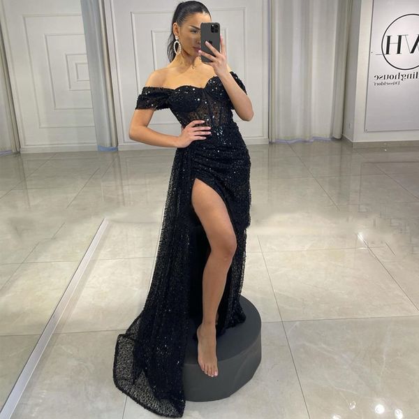 

party dresses prom dresses off shoulder sequins mermaid evening dress high split saudi arabia cocktail party gowns custom size 230217, White;black