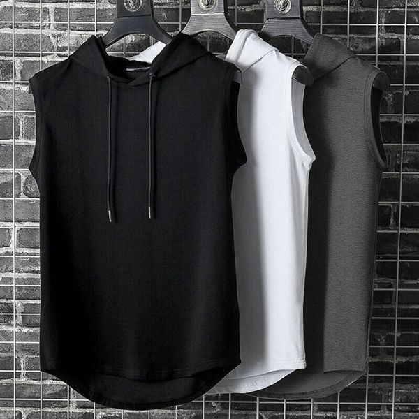 

men's muscle fitness hoodie tank gym workout sleeveless loose vest t-shirts, White;black