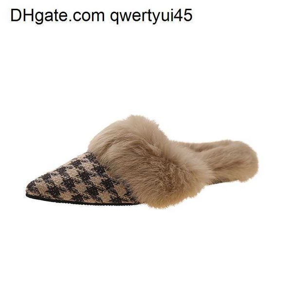 

qwertyui45 slippers slippers new 2023 spring flats slippers real fur women slippers pointed toe lady footwear mujer shoes slippers women fur, Black