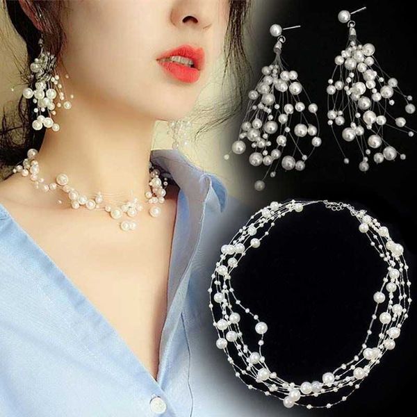 

charm pendant s earrings korean temperament star size pearl fishline neckchain multi-layer necklace female, Golden