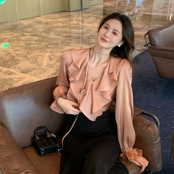 

women's blouses shirts korean fashion v-neck ruffles satin shirt elegant blouse women spring long sleeve 230217, White