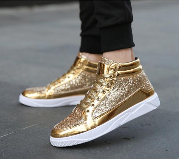 

high-quality men high shoes designer glitter white gold increase shoes men's dress sequined loafers men's flats platform loafers, Black