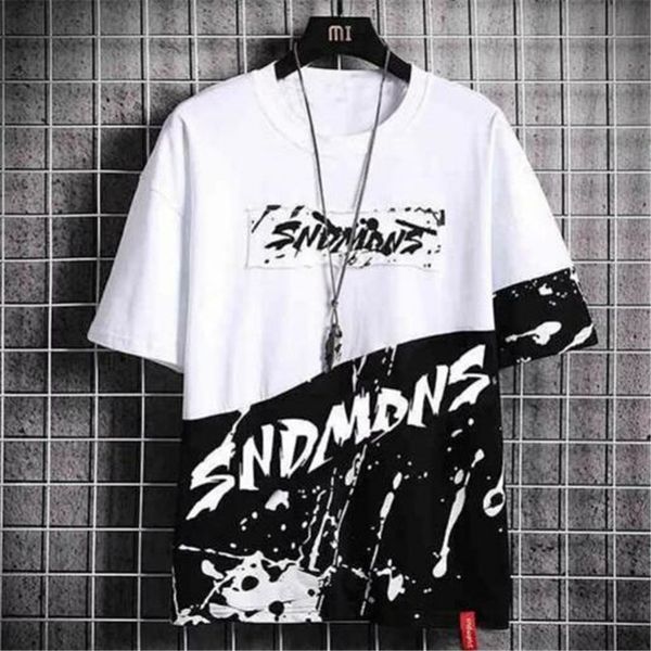 

summer loose short sleeve t-shirt korean version five-point sleeve splash ink panels short sleeve mid-sleeve shirt collar t-shirt men, White;black